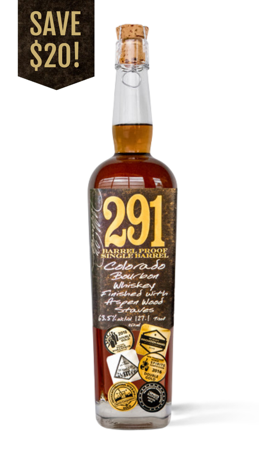 291 barrel-proof single-barrel Colorado bourbon whiskey finished with Aspen wood staves, award-winning 
