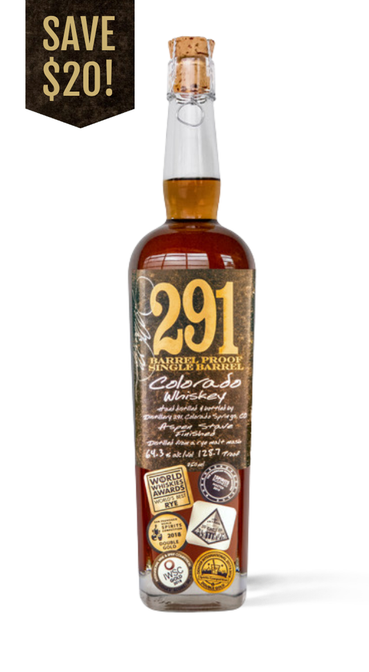 291 barrel-proof single-barrel Colorado whiskey finished with Aspen wood staves, award-winning 